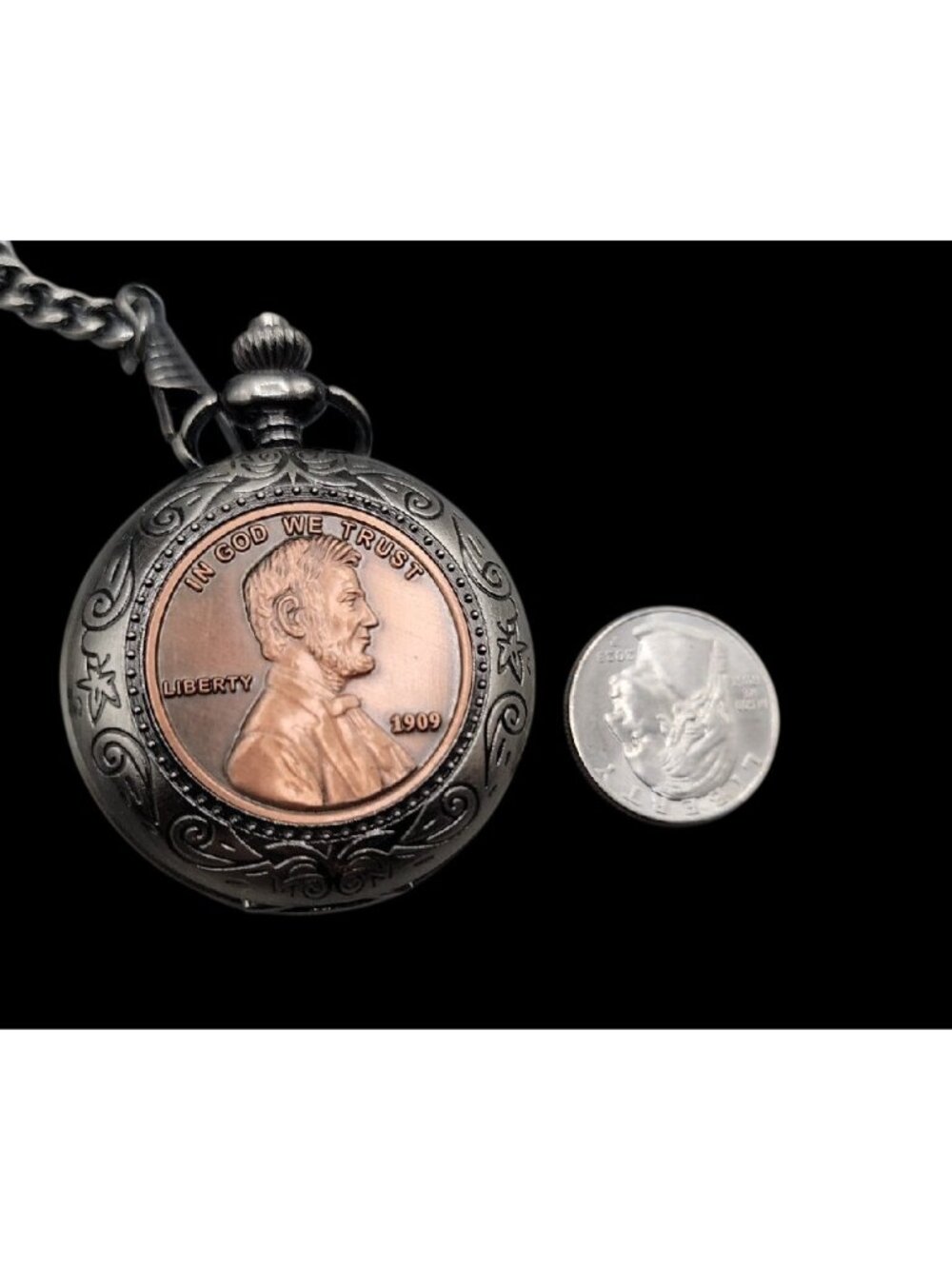 Vintage Abraham Lincoln American Pocket Watch 13" Fob Silver Tone Penny Design - Picture 6 of 7